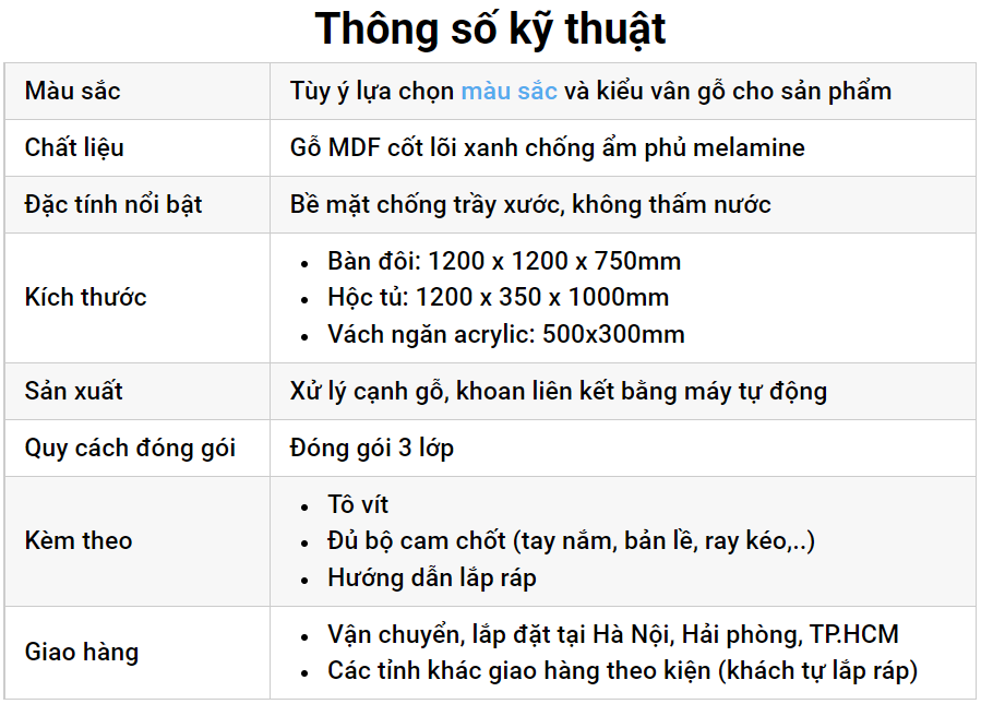 Thông số kỹ thuật bàn làm việc đôi B200 Thông số kỹ thuật bàn làm việc đôi B200