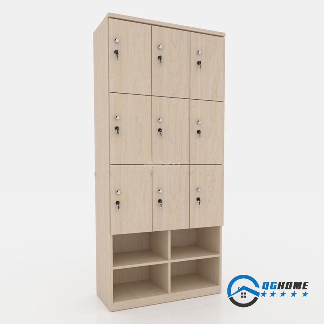 Tủ locker gỗ 9 cánh 3 khoang QTK06-Kệ giày