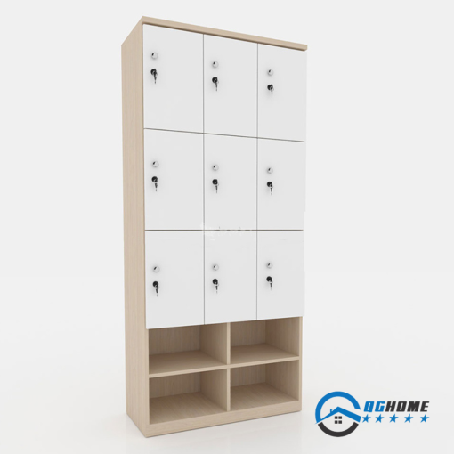 Tủ locker gỗ 9 cánh 3 khoang QTK08- T -Kệ giày