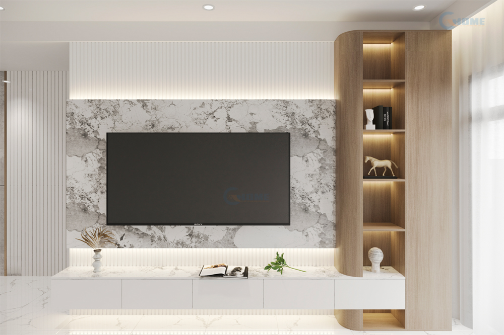 mẫu vách tivi đẹp VTVQ04 có thiết kế sang trọng, thanh lịch với màu trắng vân mây làm điểm nhấn kết hợp màu vân gỗ