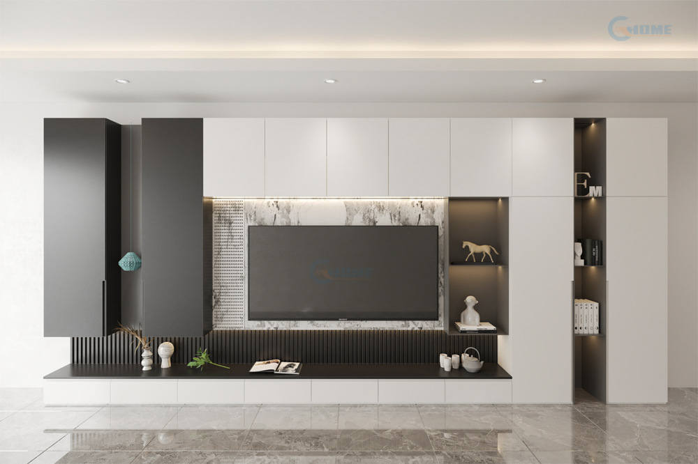 Thiết kế hệ tủ kết hợp vách tivi VTVQ05 góp phần tạo điểm nhấn cho không gian sống và thể hiện gu thẩm mỹ đẳng cấp của gia chủ.