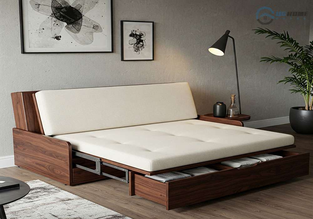 Thiết kế phòng khách nhỏ với đồ nội thất thông minh. Sofa giường gấp có thể trở thành giường ngủ khi cần.