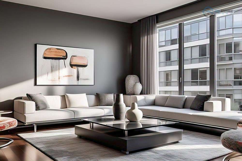 thiết kế phòng khách 20m2 phong cách hiện đại, tối giản. Cửa kính lớn giúp tận dụng tối đa ánh sáng tự nhiên, sử dụng rèm cửa mỏng tăng tính riêng tư. Ghế sofa chữ L tiết kiệm diện tích, công năng đa dạng.