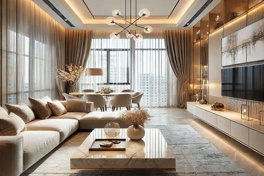 thiết kế phòng khách 30m2 đẹp sang trọng, phong cách luxury