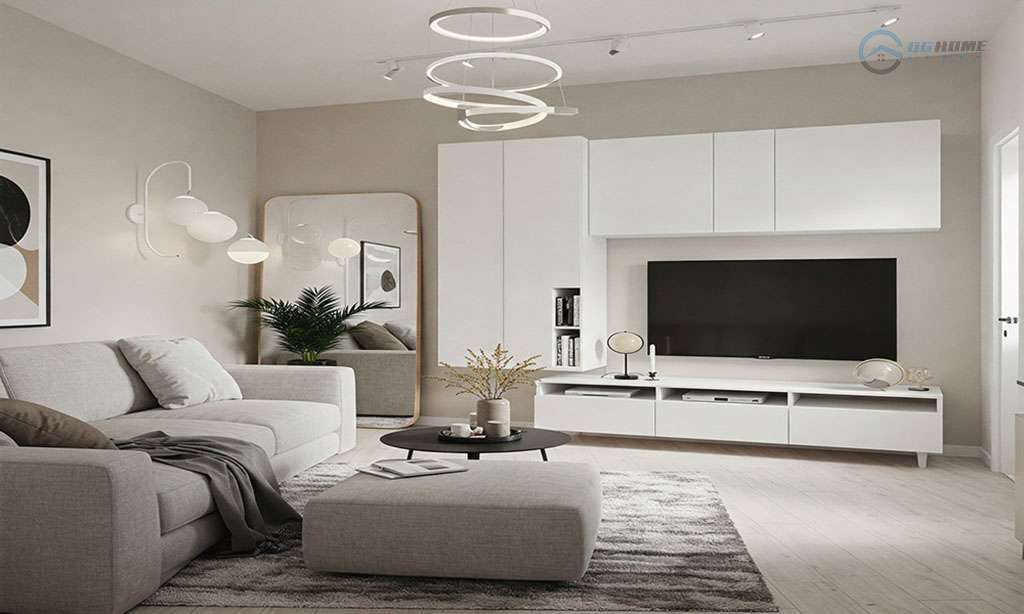 thiết kế phòng khách 15m2 đẹp, sang trọng, thanh lịch với màu trung tính trắng và xám.