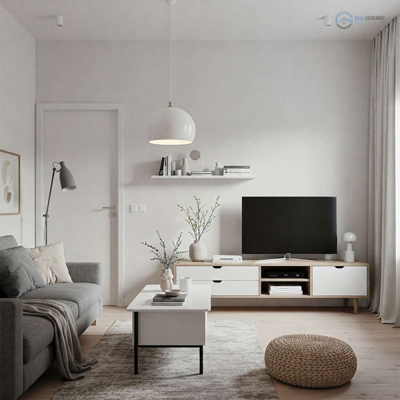 thiết kế phòng khách chung cư 10m2 phong cách hiện đại, tối giản, đẹp và sang trọng với tone màu trung tính.