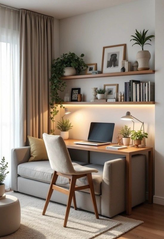 thiết kế góc làm việc và học tập ngay tại phòng khách một cách tiện lợi và tiết kiệm không gian. Thiết kế sofa tích hợp bàn làm việc.