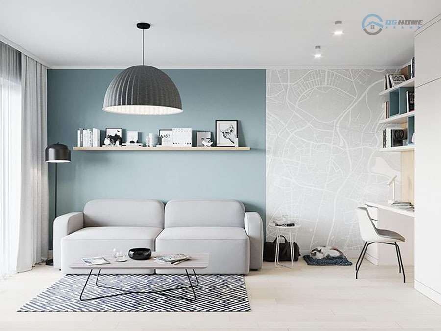 thiết kế nội thất căn hộ 50m2, thiết kế phòng khách đẹp - tối giản, sử dụng sơn tường màu xanh pastel tạo cảm giác dễ chịu, thư thái