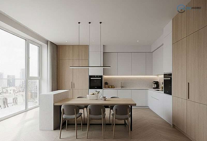 không gian bếp hiện đại trong một căn hộ chung cư 120m2, tích hợp bàn ăn tiện lợi và hệ thống tủ bếp tông màu gỗ và trắng hài hòa, tối ưu không gian lưu trữ và chuẩn bị bữa ăn.