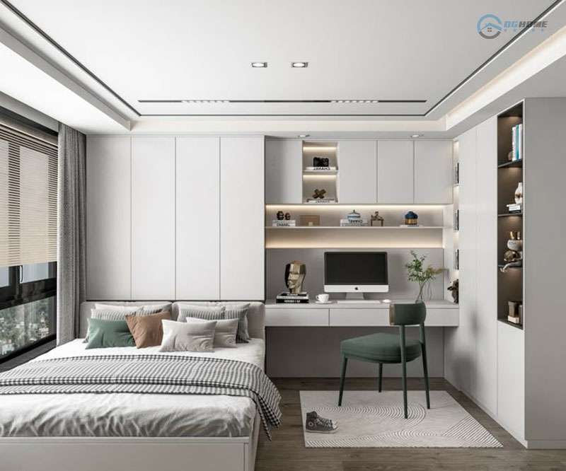 Phòng ngủ hiện đại và đa năng với thiết kế nội thất tích hợp khu vực học tập/làm việc thông minh, sử dụng tông màu trắng chủ đạo, tối ưu hóa không gian sống trong căn hộ chung cư 120m2.