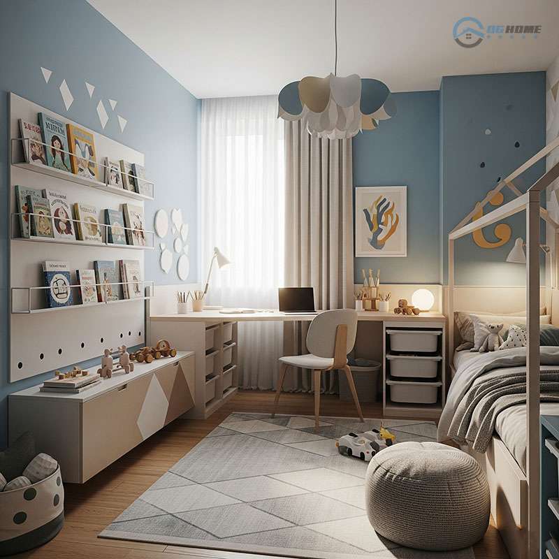 Một phòng trẻ em được thiết kế hiện đại và đầy đủ chức năng với tường màu xanh lam nhẹ nhàng. Căn phòng có một chiếc giường khung gỗ hình ngôi nhà, một bàn học dài màu trắng với ghế và máy tính xách tay. Phía trên bàn học là cửa sổ lớn với rèm trắng và be. Kệ sách treo tường màu trắng với các cuốn sách và đồ chơi được trưng bày, cùng với các họa tiết trang trí hình học trên tường. Thảm trải sàn màu xám và trắng mang lại cảm giác ấm cúng - Thiết kế căn hộ 100m2 3 ngủ