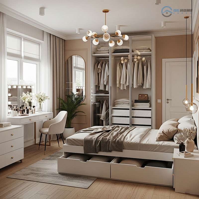 Một phòng ngủ rộng rãi và hiện đại, kết hợp khu vực thay đồ. Giường lớn màu trắng có ngăn kéo lưu trữ bên dưới, bên cạnh là tủ quần áo không cửa lớn với các ngăn và giá treo được tổ chức gọn gàng. Một bàn trang điểm màu trắng với gương đèn LED tròn và ghế ngồi được đặt gần cửa sổ lớn. Ánh sáng vàng ấm áp từ đèn chùm hình cầu hiện đại làm nổi bật không gian.